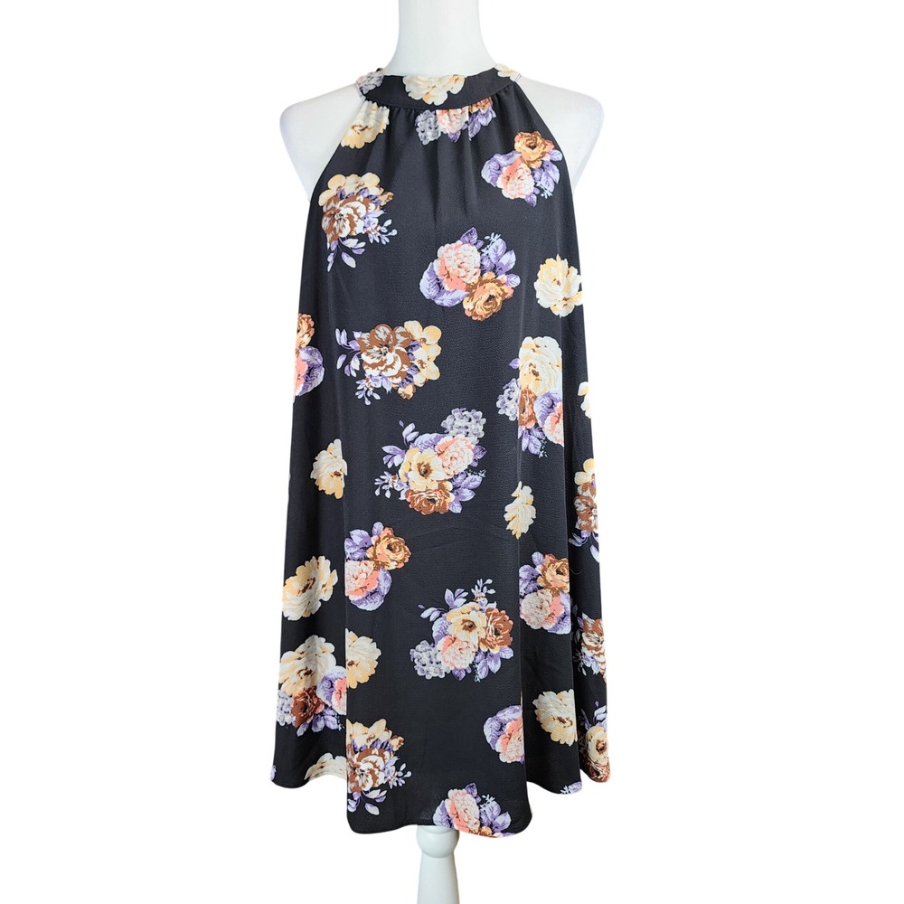 Entro Halter Neck Mini Swing Dress Womens Large Black Purple Floral Keyhole Back